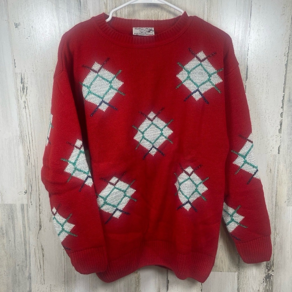 College Point Vintage Christmas Sweater size L Ugly Holiday Party Red Glitter
